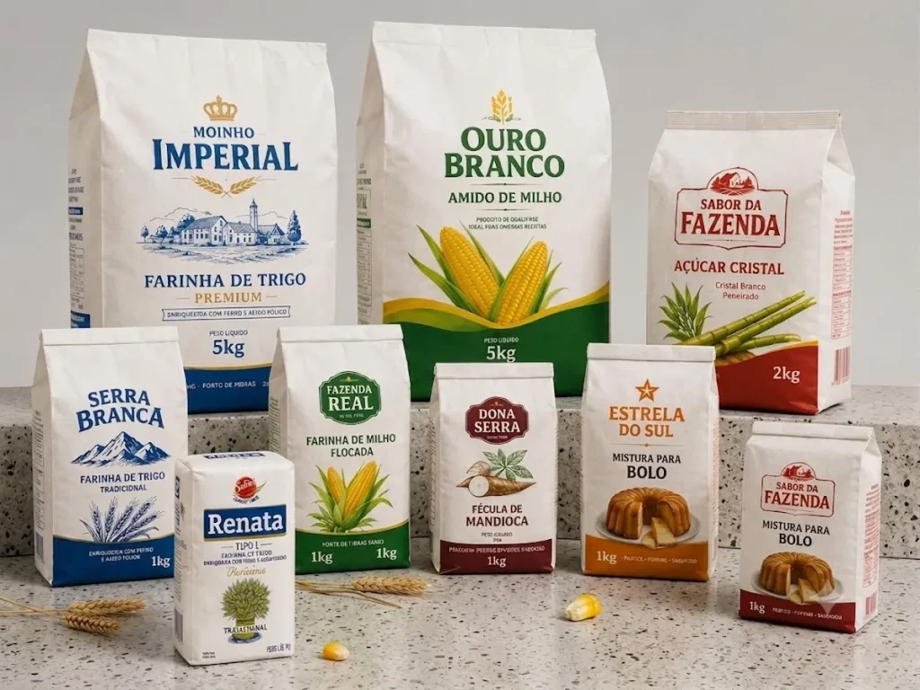 Variedade de sacos de papel kraft branco personalizados para alimentos como farinha de trigo, amido de milho, açúcar cristal e mistura para bolo