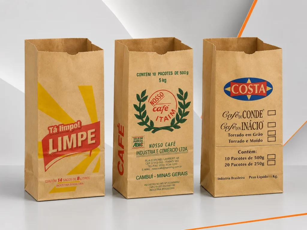 Embalagens de papel kraft pardo natural personalizadas para café e produtos de limpeza, mostrando a versatleness do fundo quadrado SOS.