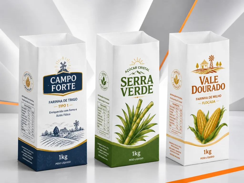Três sacos de papel kraft branco de 1kg com fundo quadrado para farinha de trigo Campo Forte, açúcar cristal Serra Verde e farinha de milho Vale Dourado.