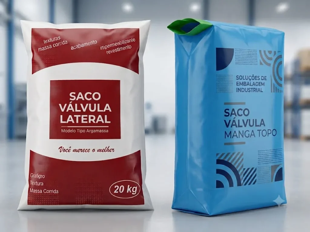 Dois sacos de polietileno valvulados industriais cheios lado a lado, um modelo de válvula lateral vermelha para massa corrida de 20kg e outro de válvula manga topo azul para soluções de embalagem industrial.