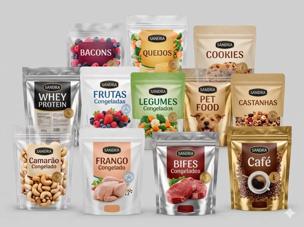Mostruário com doze modelos de sacos laminados Stand Up Pouch com a marca Sandra, ilustrando diversas aplicações de alimentos secos, congelados e pet food.