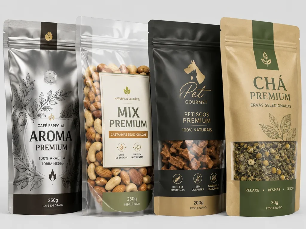 Quatro embalagens Stand Up Pouch personalizadas posicionadas lado a lado: café especial aroma premium, mix de castanhas com visor, petiscos pet gourmet e chá premium em papel kraft.