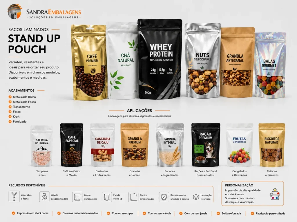 Infográfico corporativo completo da Sandra Embalagens sobre sacos laminados Stand Up Pouch, exibindo acabamentos, segmentos atendidos e recursos disponíveis.