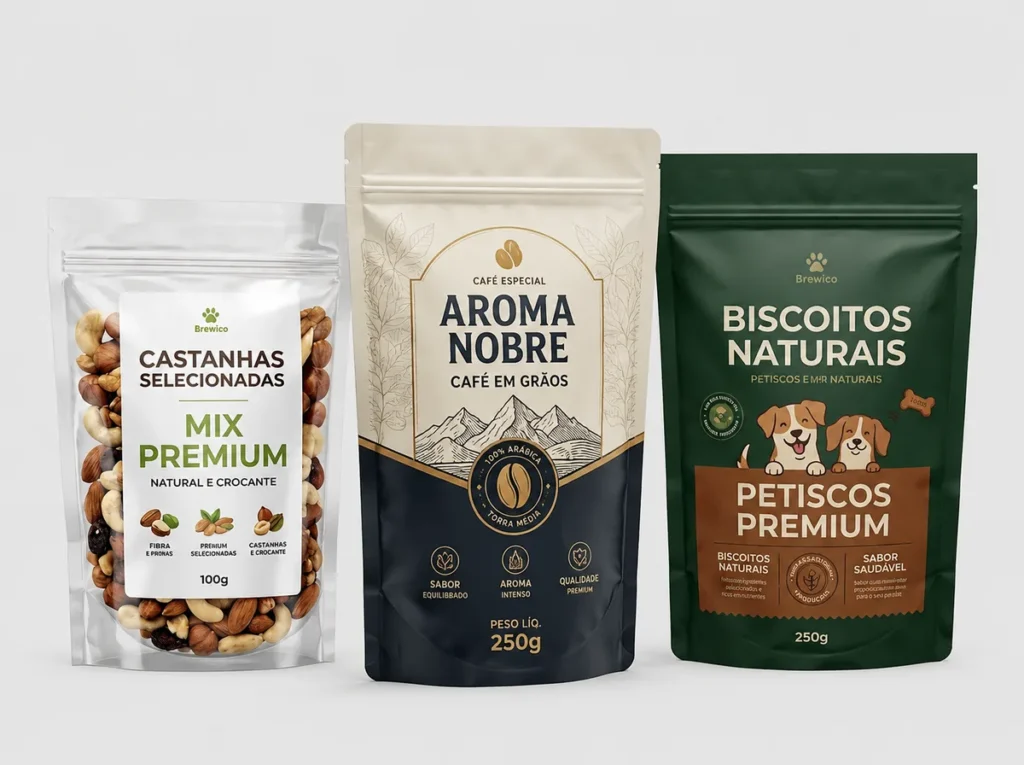 Três embalagens Stand Up Pouch personalizadas: uma transparente com mix premium de castanhas, uma bege fosca de café aroma nobre e uma verde fosca de biscoitos naturais para cães.