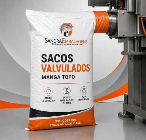 Saco valvulado manga topo utilizado em sistema de envase automático para produtos em pó e granulados.