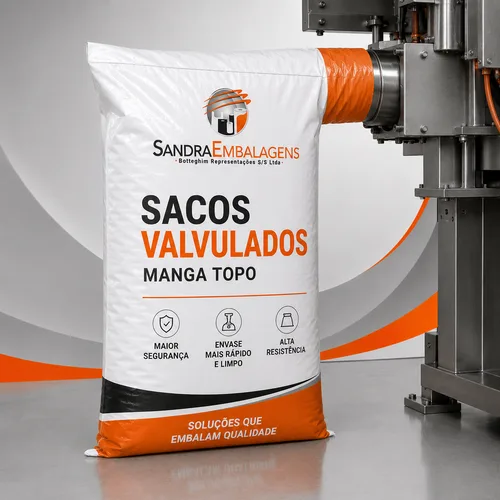 Saco valvulado manga topo utilizado em sistema de envase automático para produtos em pó e granulados.