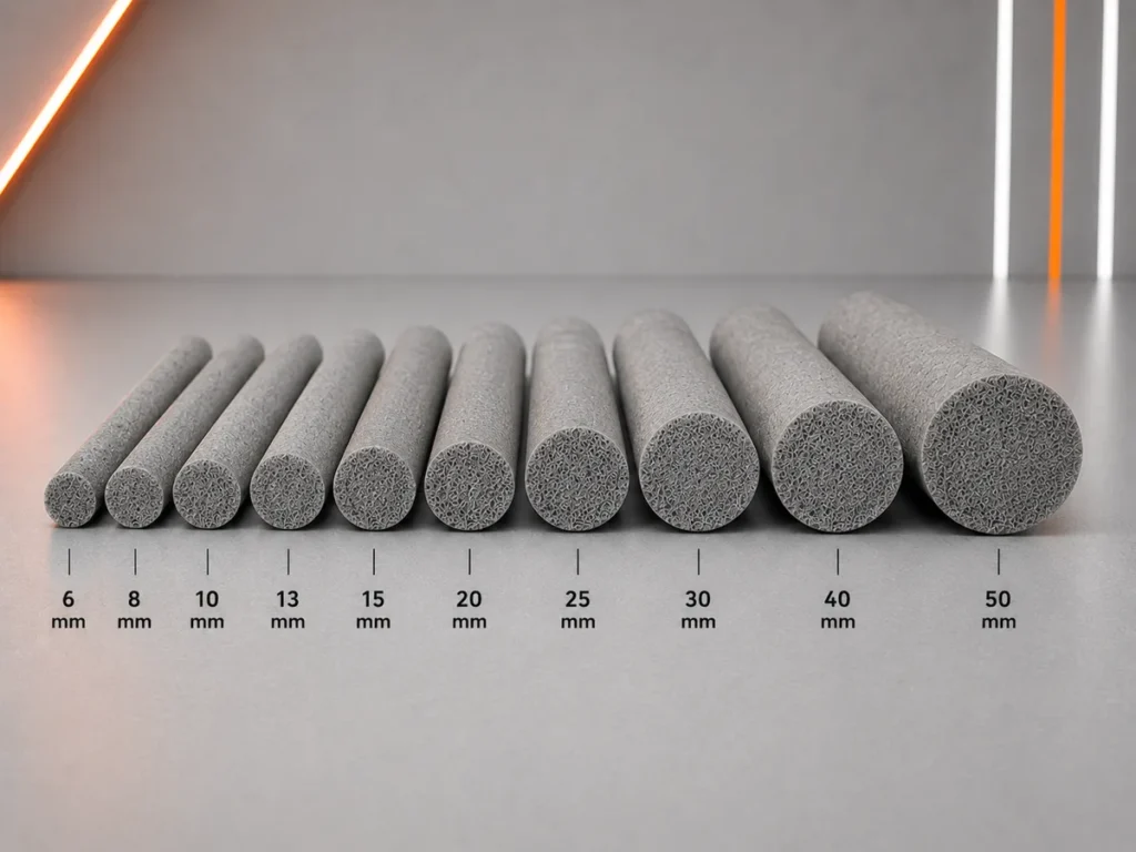 Mostra de diâmetros de tarugo de polietileno expandido da Sandra Embalagens com espessuras de 6mm a 50mm