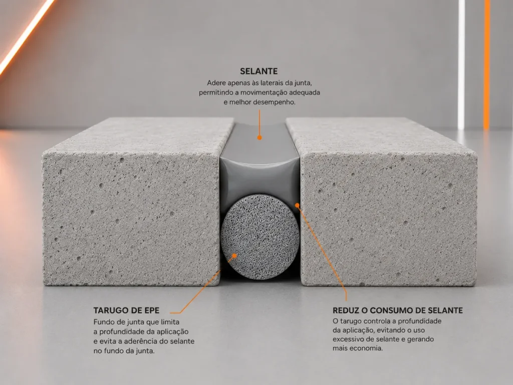 Infográfico mostrando aplicação do tarugo de EPE como fundo de junta e limitador de profundidade para selante