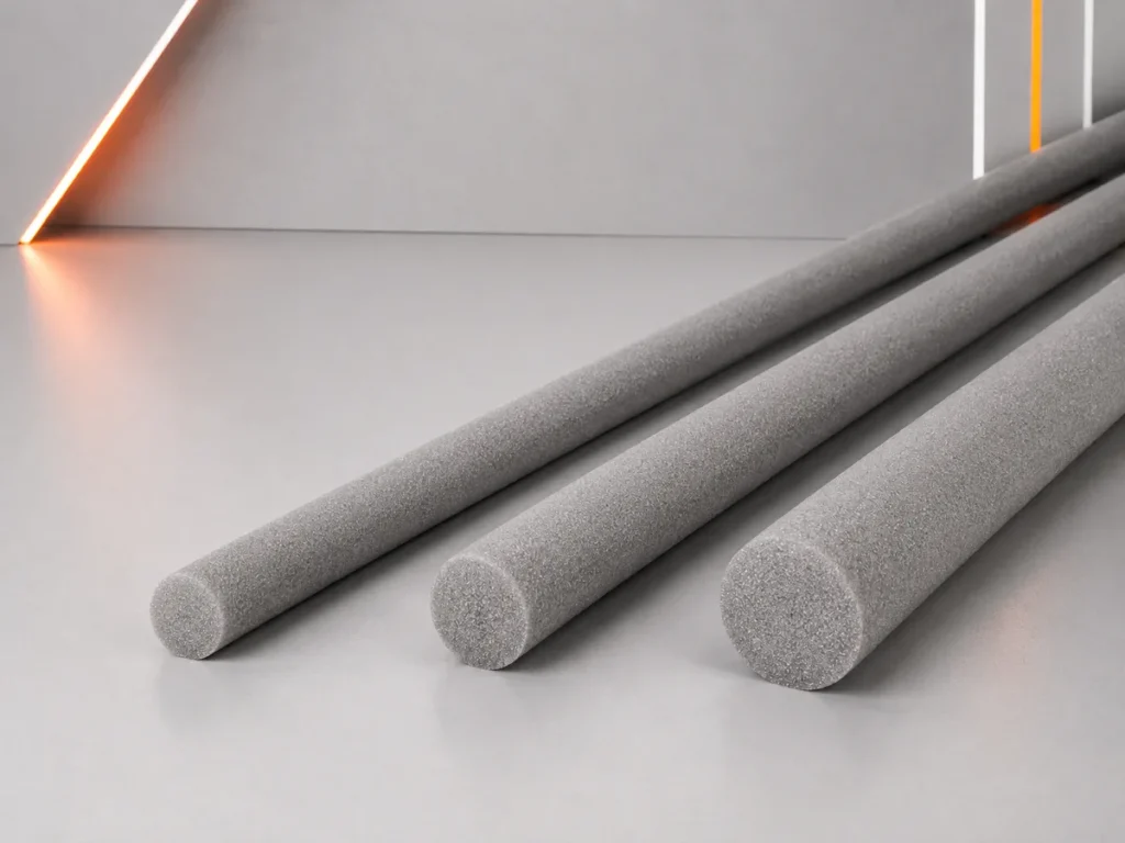 Amostras lineares de tarugo de polietileno expandido cinza de alta densidade e acabamento uniforme