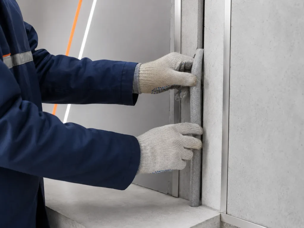 Instalação de tarugo de polietileno expandido em junta de dilatação vertical por profissional de obra