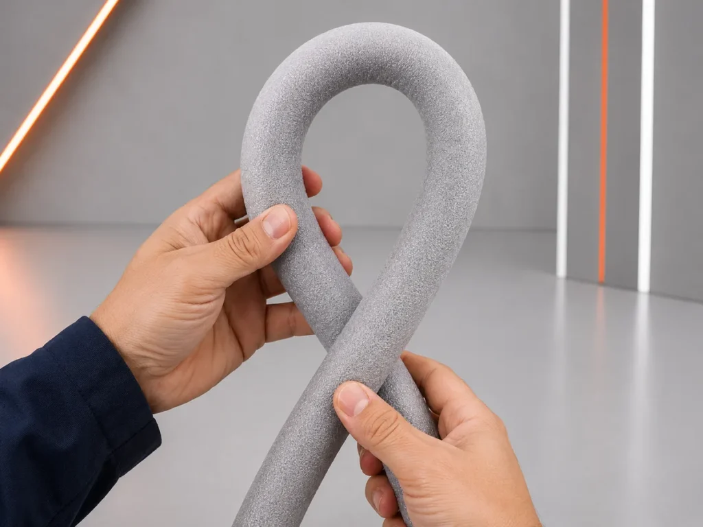 Mãos curvando tarugo de polietileno expandido cinza para demonstrar flexibilidade e resistência à dobra
