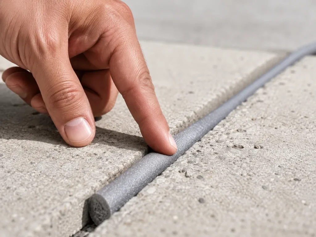 Aplicação manual de limitador de profundidade tarugo de EPE em junta de dilatação de piso de concreto