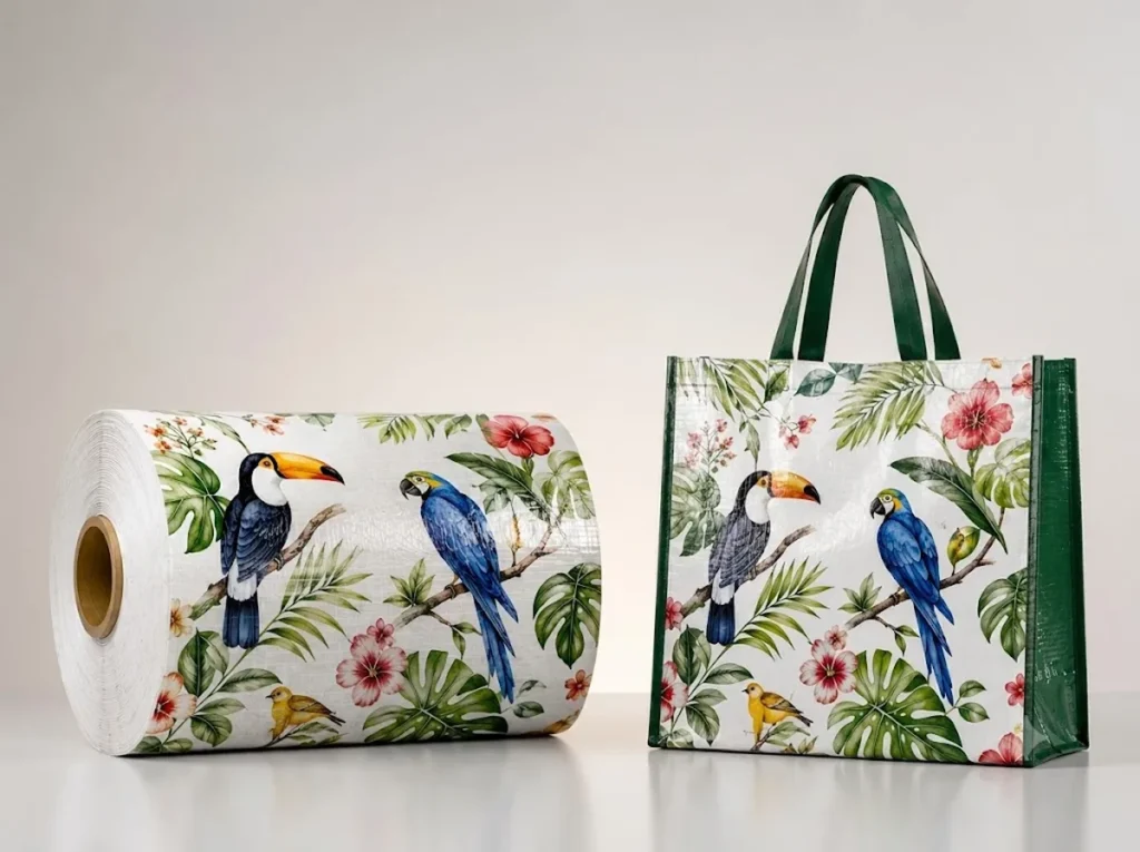 Tecido de ráfia plana laminada em bobina com estampa de tucano e arara ao lado de sacola retornável pronta.