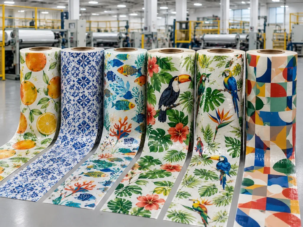 Tecido de ráfia plana laminada com estampa inspirada em xilogravura nordestina em bobina e sacola pronta.