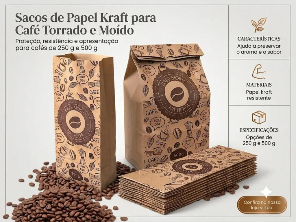 Sacos de papel kraft para café torrado e moído de 250g e 500g com estampa padrão e grãos de café em fundo neutro.