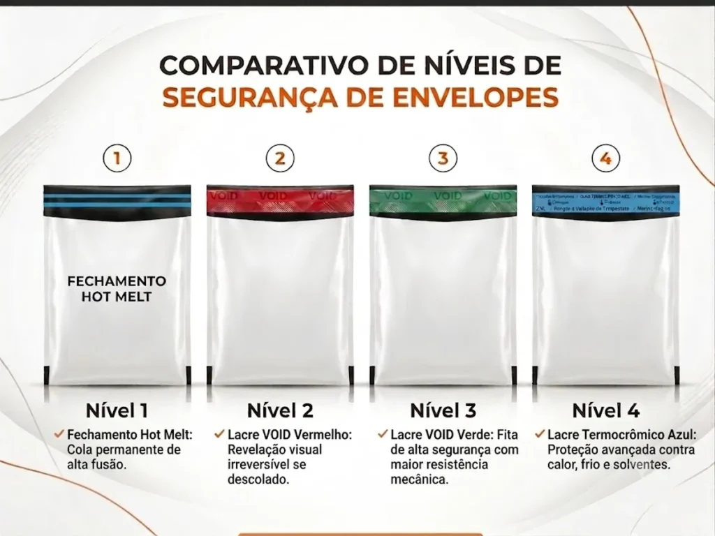 Comparativo visual dos quatro níveis de lacre de segurança para envelopes plásticos sandraembalagens