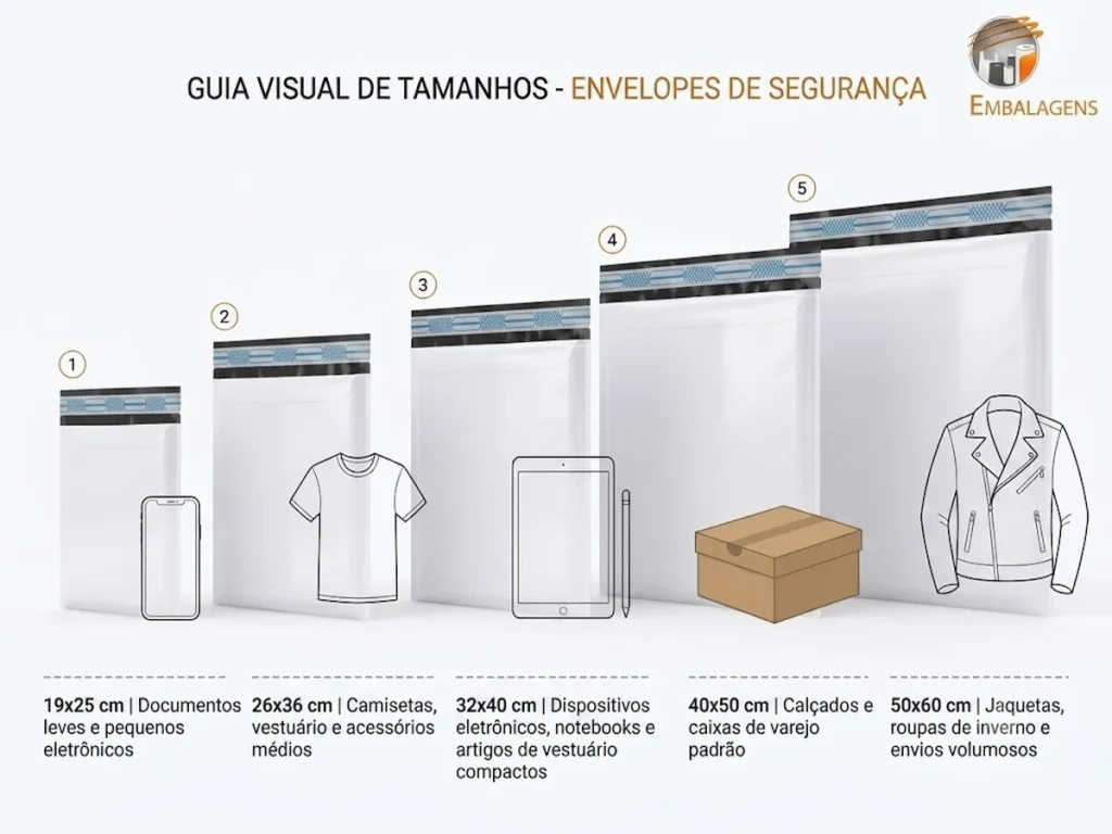 Guia visual de tamanhos e medidas de envelopes de segurança com exemplos de produtos sandraembalagens