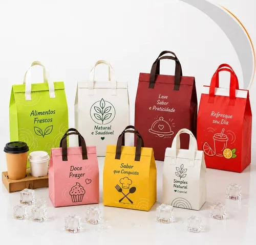 Sacolas térmicas personalizadas em diferentes formatos, tamanhos e cores para alimentos, bebidas e delivery.