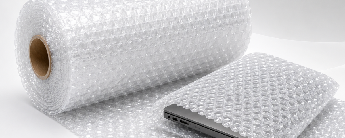 Bobina de plástico bolha Duplex Double transparente protegendo um notebook contra impactos e atritos.