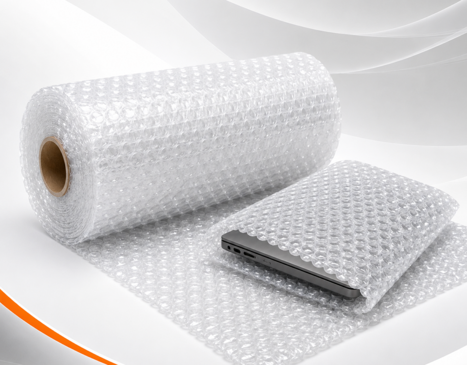Bobina de plástico bolha Duplex Double transparente protegendo um notebook contra impactos e atritos.