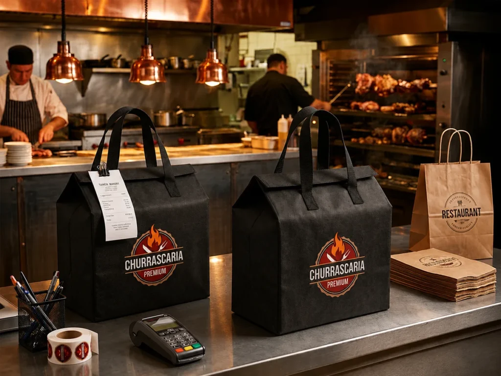 Sacola térmica aberta com embalagens de delivery organizadas no interior