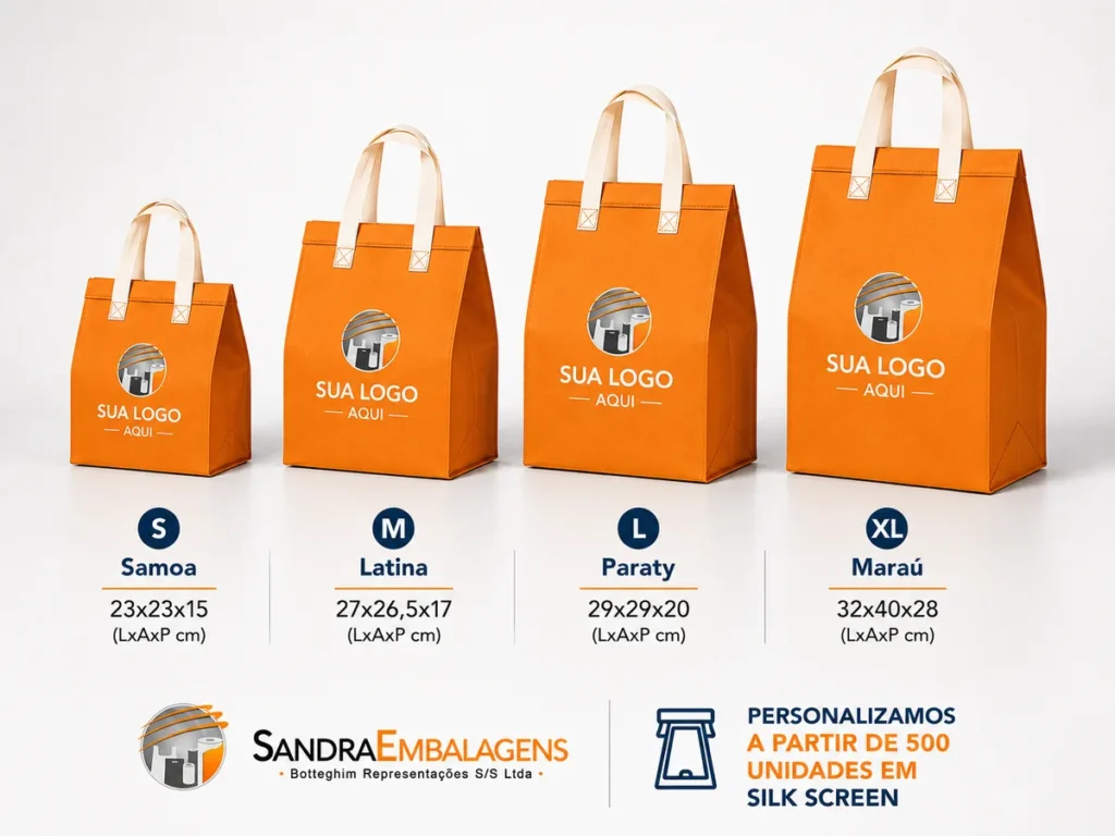 Quatro tamanhos de sacola térmica para diferentes embalagens de delivery