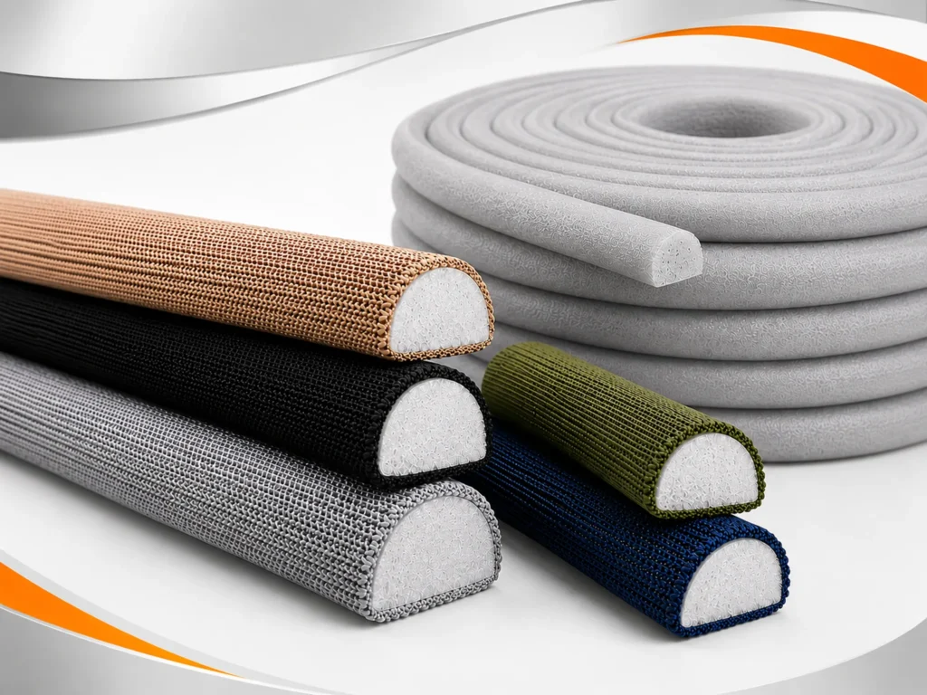 Amostras de cordas para tricô náutico em diversas cores com preenchimento interno de tarugo meia-lua em EPE cinza e bobina ao fundo.