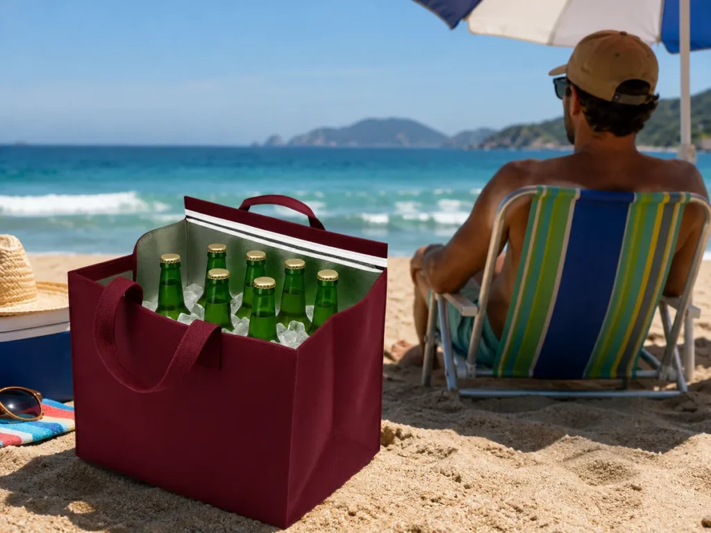 Sacola térmica aberta com garrafas, latas e gelo para praia