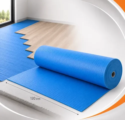 Manta acústica de polietileno expandido azul 5 mm instalada sob piso laminado, com bobina do produto em destaque.