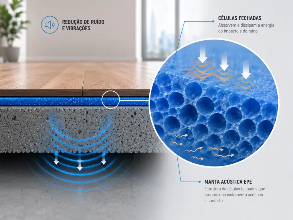 Esquema microscópico destacando as células fechadas da manta acústica EPE dissipando vibrações.