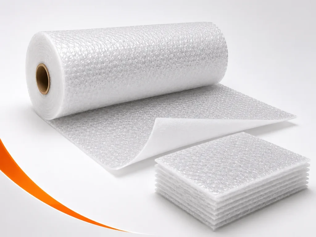Bobina de plástico bolha laminado com manta de polietileno expandido (EPE) e sacos em formato retangular.