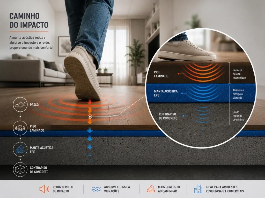 Infográfico mostrando o caminho do impacto e a redução de ruído com a manta acústica EPE em piso laminado