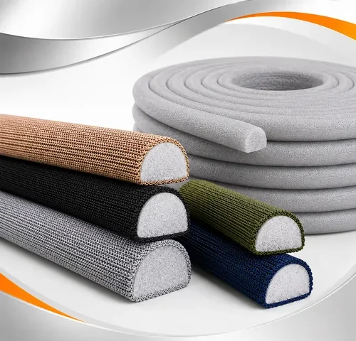 Tarugos meia-lua de EPE revestidos com tricô náutico e tarugo em rolo para enchimento de móveis, bolsas térmicas e projetos de decoração.