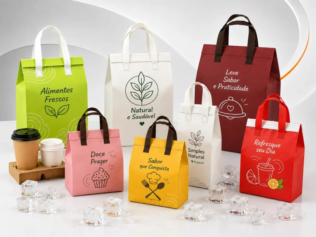 Sacolas térmicas em diferentes cores para personalização corporativa