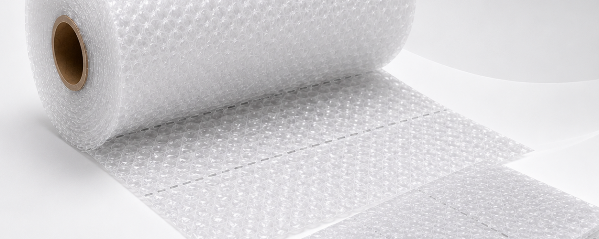 Bobina de plástico bolha transparente picotado com folhas destacáveis empilhadas.