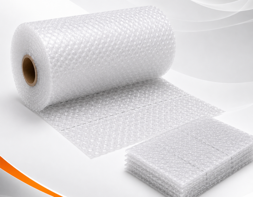 Bobina de plástico bolha transparente picotado com folhas destacáveis empilhadas.
