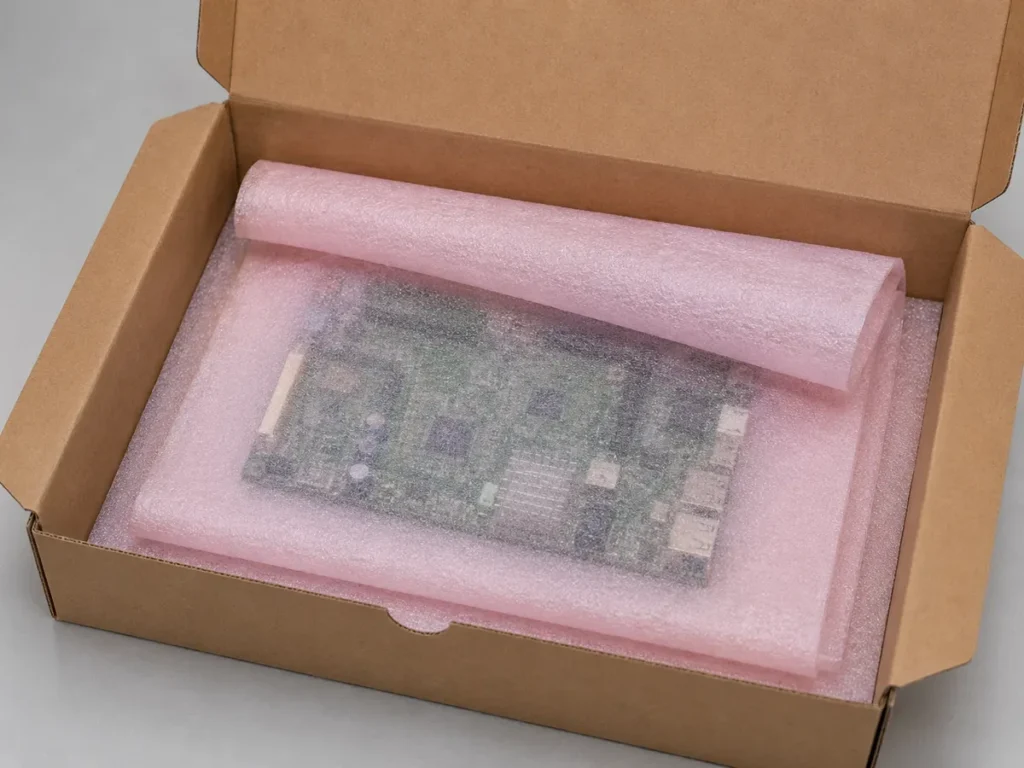 Manta de polietileno expandido EPE antiestática rosa envolvendo placa eletrônica dentro de caixa de papelão para proteção contra ESD.