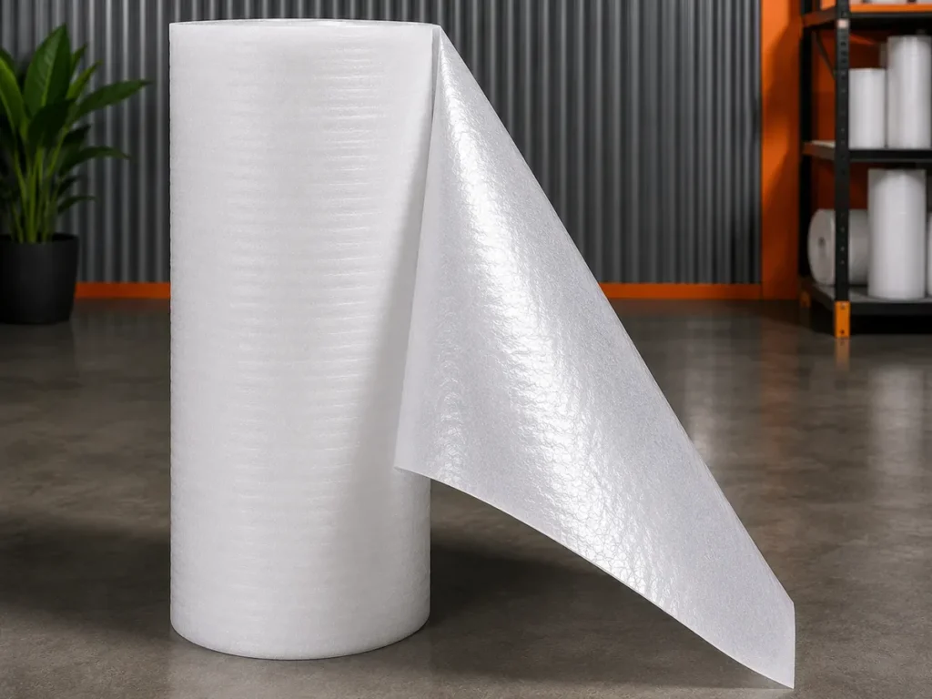 Rolo de manta colaminada de polietileno expandido EPE branco em destaque.