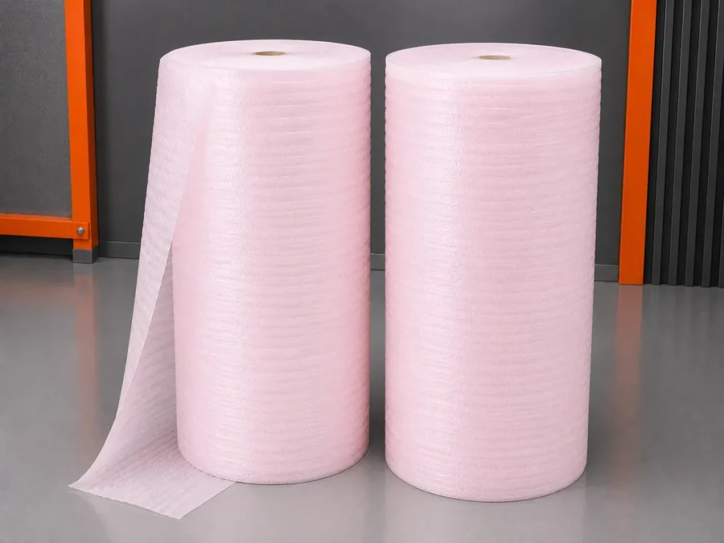 Duas bobinas industriais de manta de polietileno expandido EPE antiestática rosa para embalagens técnicas.