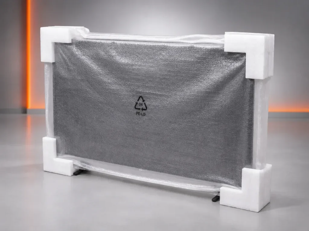 Monitor protegido por manta colaminada de EPE e cantoneiras de polietileno expandido nas extremidades.