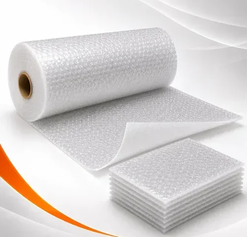Bobina de plástico bolha laminado com EPE e folhas cortadas empilhadas.