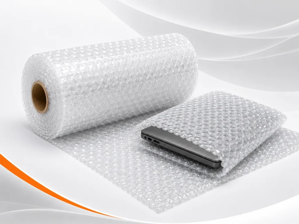 Bobina de plástico bolha duplex double transparente ao lado de um notebook protegido por bolsa de bolha dupla.