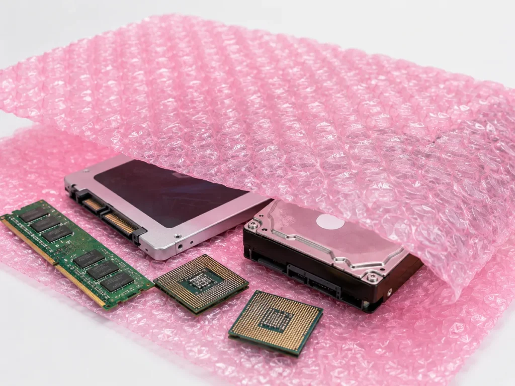 Placa de memória RAM, processadores, SSD e HD posicionados sobre plástico bolha antiestático rosa.