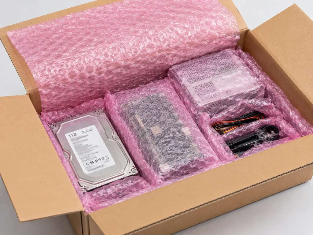 Caixa de papelão aberta com kit de peças de computador devidamente embaladas em plástico bolha antiestático rosa.