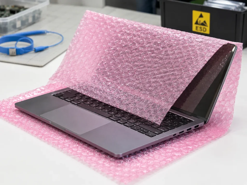 Notebook sendo envolvido em folha de plástico bolha antiestático rosa sobre bancada de assistência técnica.
