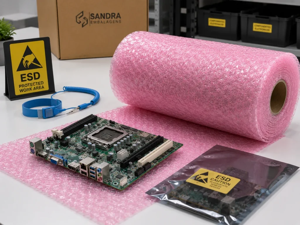 Bobina de plástico bolha antiestático rosa posicionada em bancada de trabalho protegida ESD ao lado de placa-mãe e sacos dissipativos.