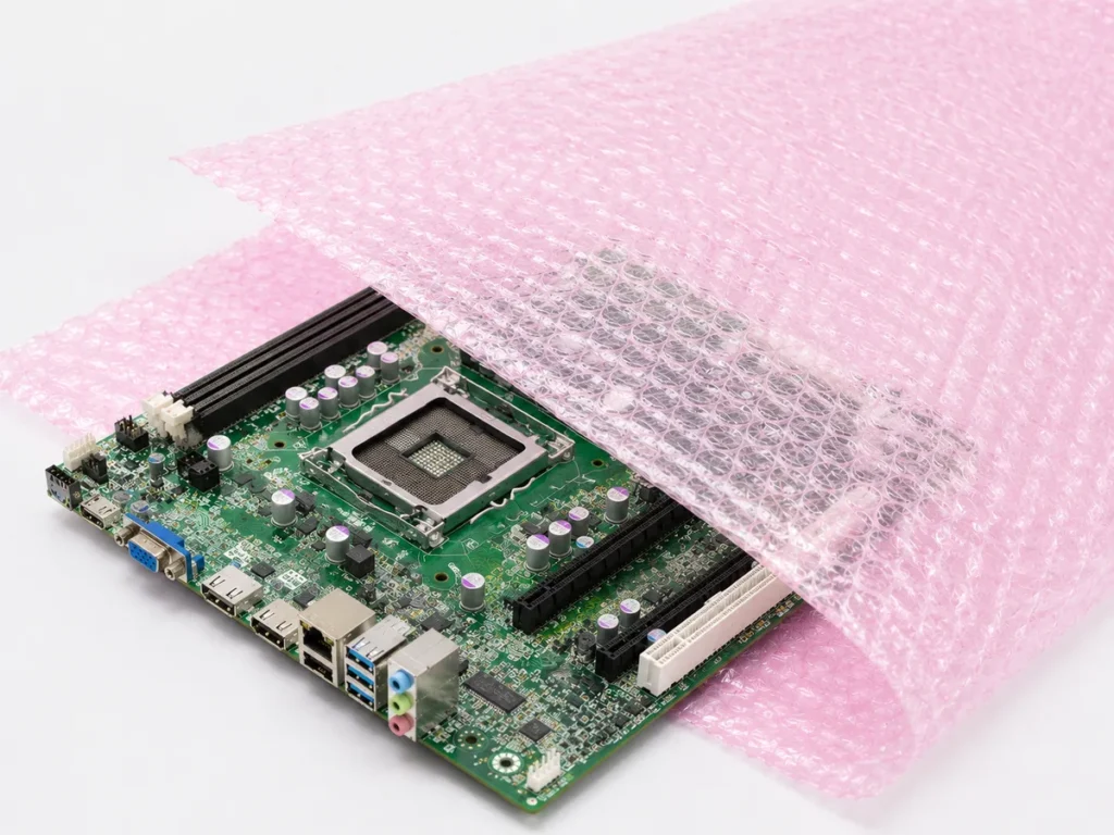 Placa-mãe de computador acondicionada entre camadas de plástico bolha antiestático rosa.