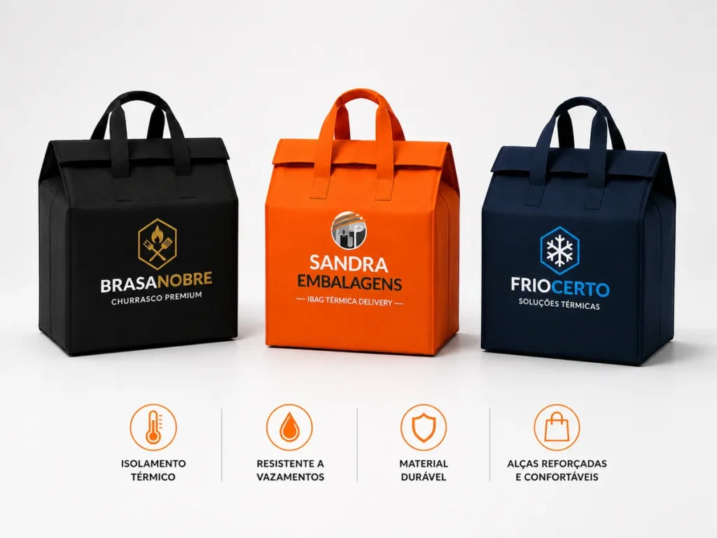 rês sacolas térmicas personalizadas para delivery em preto, laranja e azul-marinho