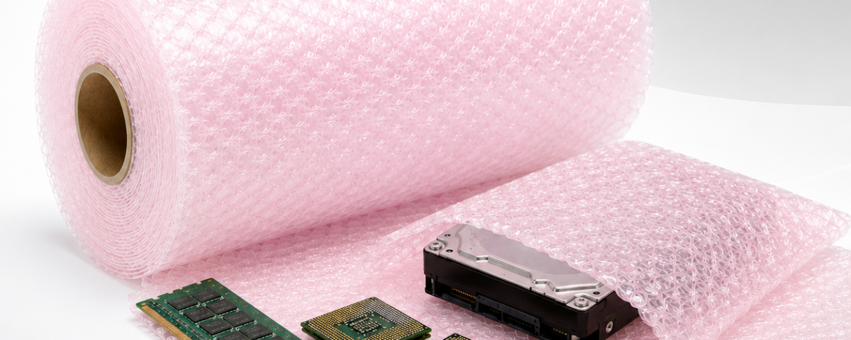 Bobina de plástico bolha antiestático rosa protegendo componentes eletrônicos, processadores, memória RAM e disco rígido.