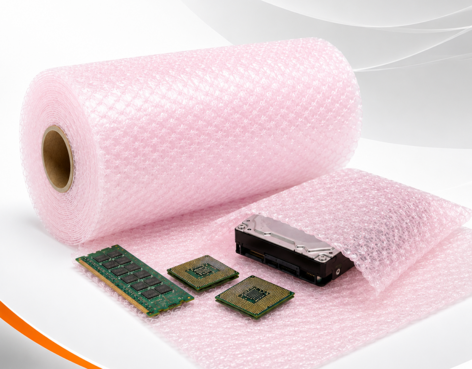 Bobina de plástico bolha antiestático rosa protegendo componentes eletrônicos, processadores, memória RAM e disco rígido.